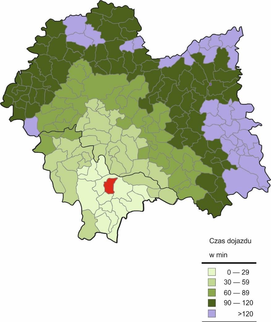 dojazdu jest nawet dwa razy dłuższy. Najwięcej czasu do Nowego Targu zajmuje przejazd z gmin: Zembrzyce, Stryszawa, Budzów (powyżej 60 min). Wykr. 4.