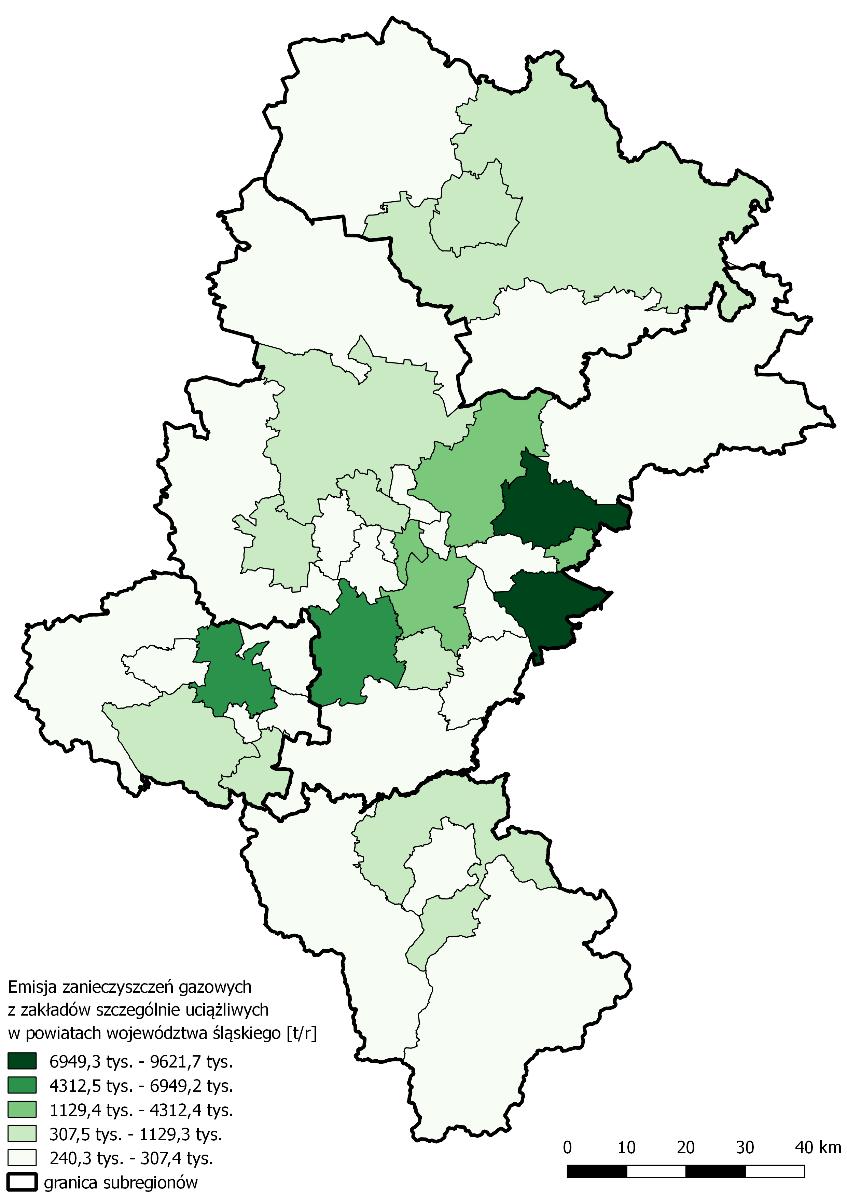 Mapa 11. Emisja zanieczyszczeń gazowych z zakładów szczególnie uciążliwych w powiatach województwa śląskiego w roku 2017 [t/r].