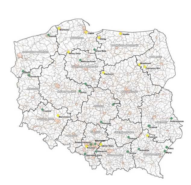 Mapa 3 Lokalizacja składowisk odpadów azbestowych w Polsce Źródło: na podstawie: www.serwisazbestowy.pl zaktualizowane na dzień 1 sierpnia 2016 r.