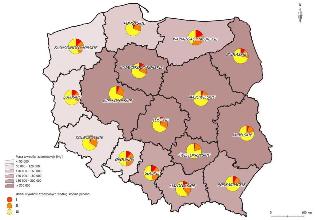 azbestowych, w postaci map dla poziomów krajowego i regionalnego, agregujące dane odpowiednio w odniesieniu do województw i do powiatów.