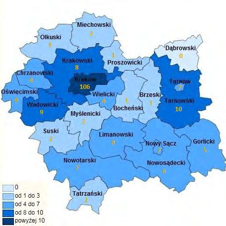 Mapa 1 Liczba przedsiębiorstw społecznych w poszczególnych powiatach Małopolski, biorących udział w badaniu.