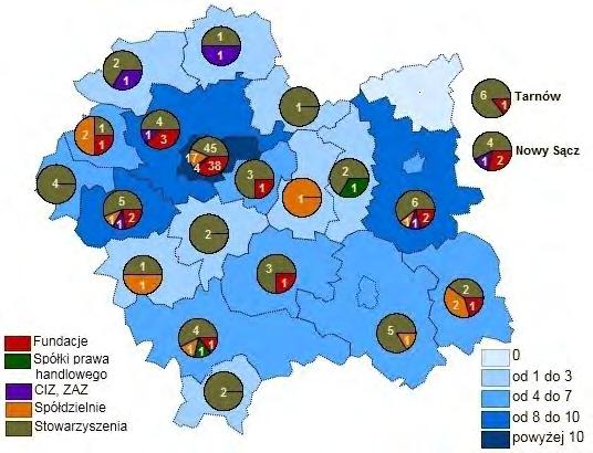 Mapa 2 Liczba poszczególnych typów przedsiębiorstw społecznych w powiatach Małopolski, biorących udział w badaniu.