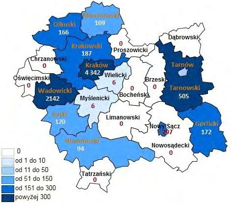 Mapa 3 Liczba beneficjentów objętych wsparciem przedsiębiorstw społecznych w poszczególnych powiatach N=56