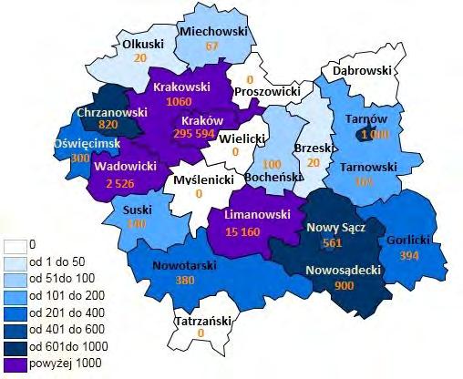 Przyglądając się liczbie beneficjentów objętych obydwoma rodzajami działań na rzecz społeczności lokalnej w poszczególnych powiatach Małopolski możemy wskazać na: obszary najbardziej wyróżniające się