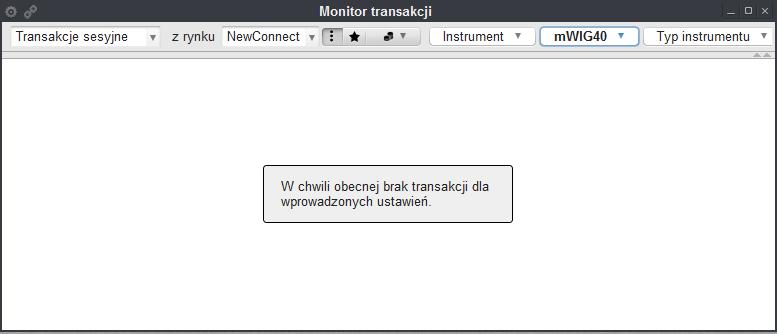 komunikat W chwili obecnej brak transakcji dla wprowadzonych ustawień. (Rys. 13.). W takiej sytuacji należy zwrócić uwagę na zakres wybranych filtrów i odpowiednio je zmodyfikować. Rys. 13. Komunikat informujący o braku spełnienia warunków wprowadzonych za pomocą filtrów.