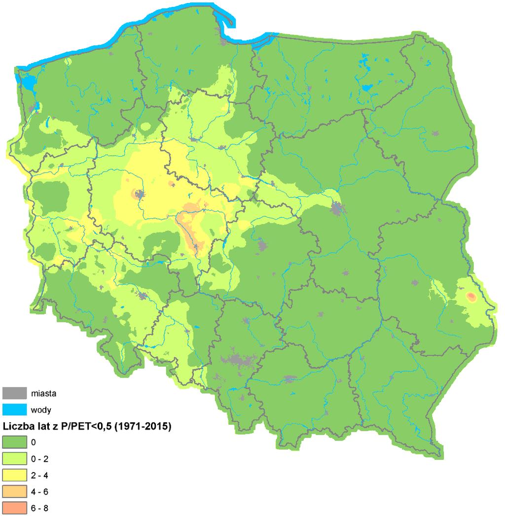 Kryteria: Suchość klimatu Definicja: Stosunek rocznej sumy opadów (P) do rocznej sumy ewapotranspiracji potencjalnej (PET) jest mniejszy lub równy 0,5.