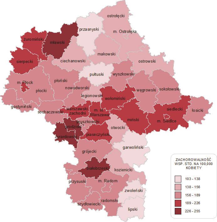 Najniższe wartości współczynnika zachorowalności odnośnie populacji kobiet charakteryzują powiaty leżące w południowo-wschodniej oraz północnowschodniej części województwa (Ryc. 32)