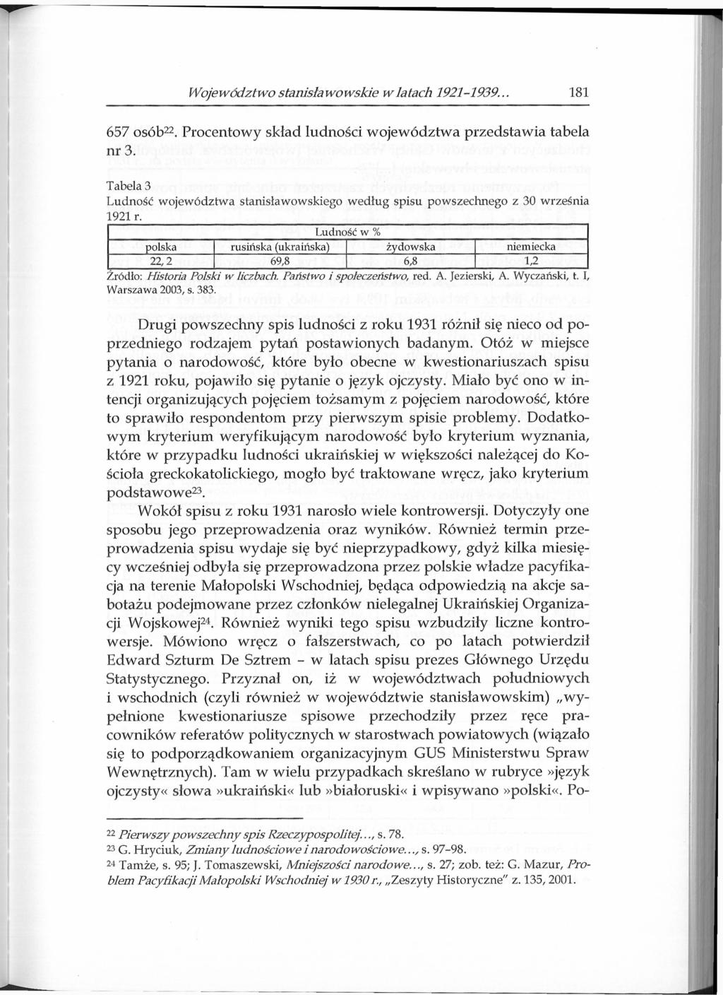 Województwo stanisławowskie wiatach 1921-1939... 181 657 osób 22. Procentowy skład ludności województwa przedstawia tabela nr 3.