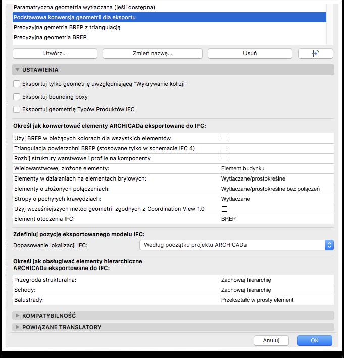Opis ważniejszych ustawień konwersji geometrii: Eksportuj tylko geometrie, które uwzględniają "Rozpoznanie kolizji" - eksportuje tylko elementy, których Materiał budowlany w ARCHICADzie ma włączoną
