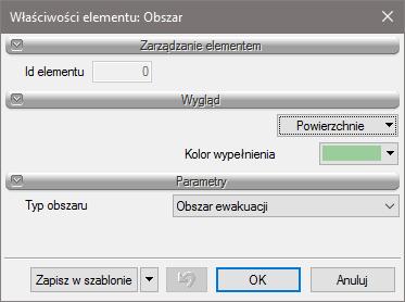 Pasek narzędzi ArCADia-DROGI EWAKUACYJNE Wstaw wielokątny obszar ewakuacji wskazując ilość i pozycję narożników Poprzez wybór ikony Przejście do dialogu Właściwości lub dwuklik na wstawionym