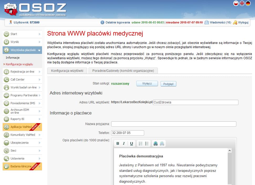Konfiguracja wyglądu strony placówki medycznej w serwisie LekarzeBezKolejki.pl Podstawowe informacje o placówce medycznej wyświetlane na stronie placówki w serwisie LekarzeBezKolejki.