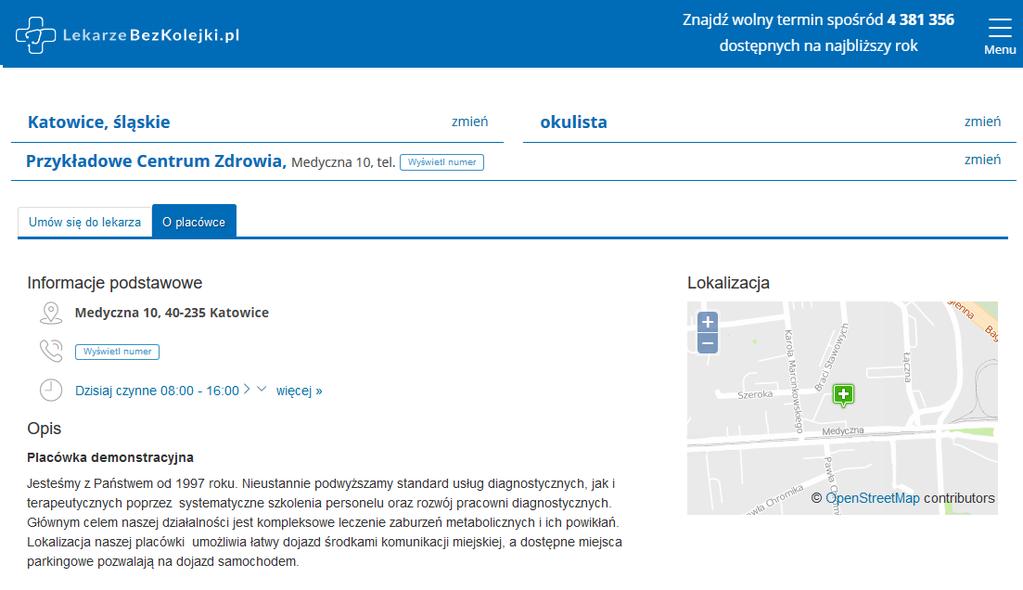 Podgląd strony placówki medycznej, zakładka O