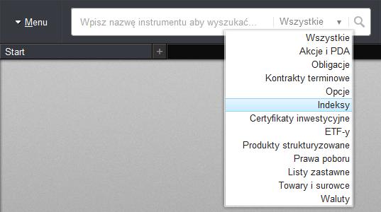 Po wprowadzeniu w wyszukiwarkę pierwszych liter nazwy indeksu, wyświetli się lista z dostępnymi instrumentami finansowymi.