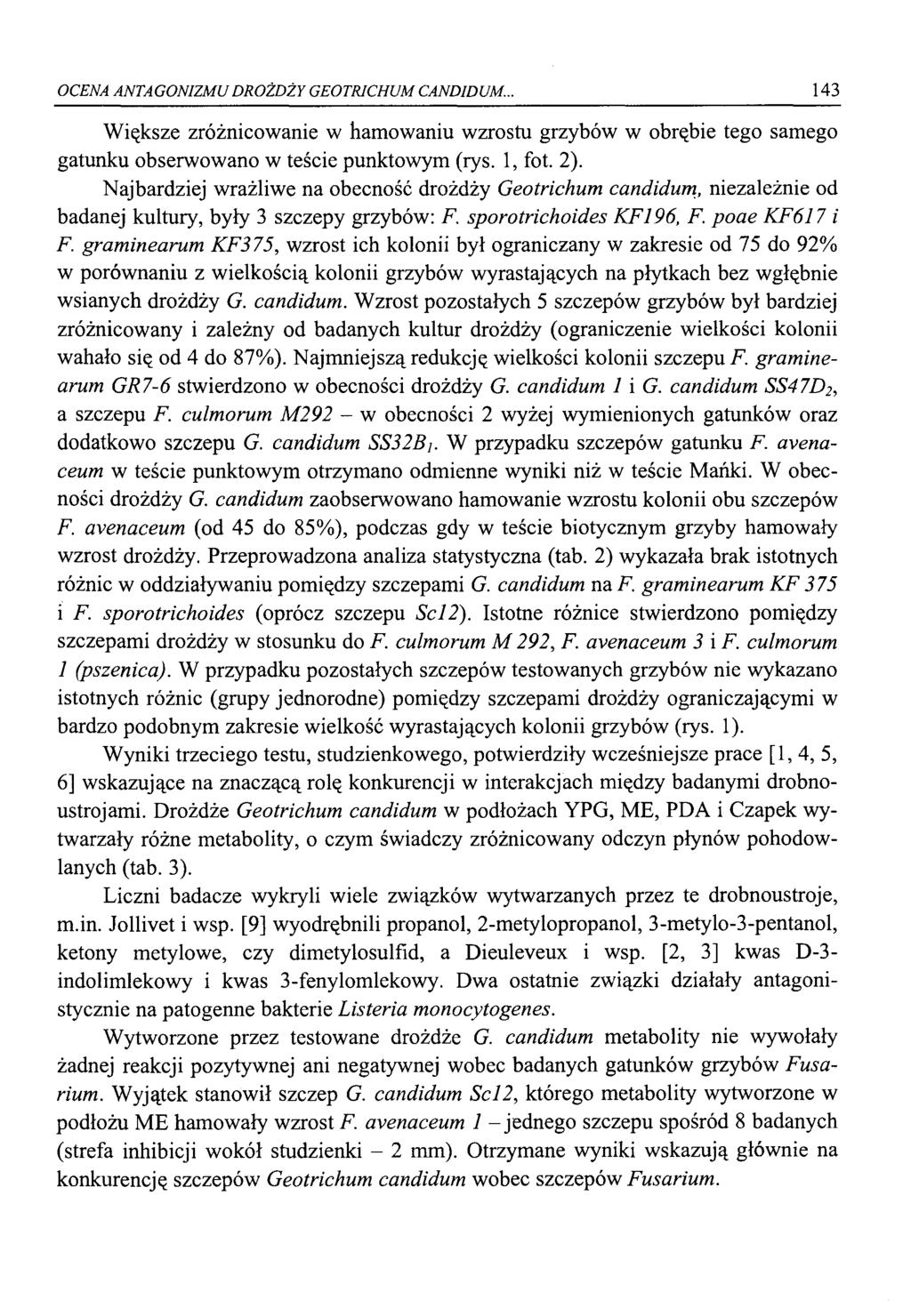 OCENA ANTAGONIZMU DROŻDŻY GEOTRICHUM CANDIDUM... 143 Większe zróżnicowanie w hamowaniu wzrostu grzybów w obrębie tego samego gatunku obserwowano w teście punktowym (rys. 1, fot. 2).