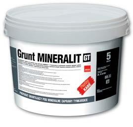 6. Preparaty gruntujące POD PRODUKTY MINERALNE MINERALIT GT Preparat gruntujący pod mineralne zaprawy tynkarskie Poprawia przyczepność wyprawy tynkarskiej Zmniejsza i wyrównuje chłonność podłoża