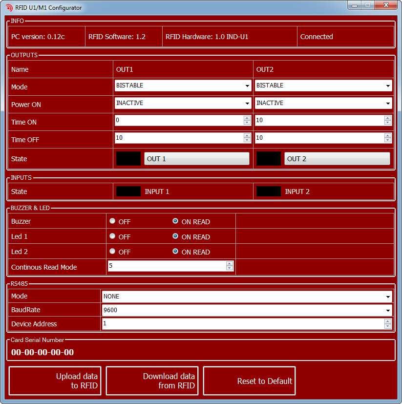 6 Konfiguracja urządzenia przez program RFID U1/M1 Config Konfiguracja modułu obywa się przez program RFID M1/U1 Configurator firmy Inveo, który pozwala zdefiniować podstawowe funkcje urządzenia.