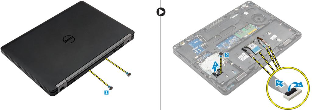3 Aby wyjąć złącza ramki dokowania, należy wykonać opisane poniżej czynności. a Wykręć śruby mocujące ramkę dokowania do komputera [1]. b Wykręć śrubę i wyjmij płytkę dysku SSD z komputera [2, 3].