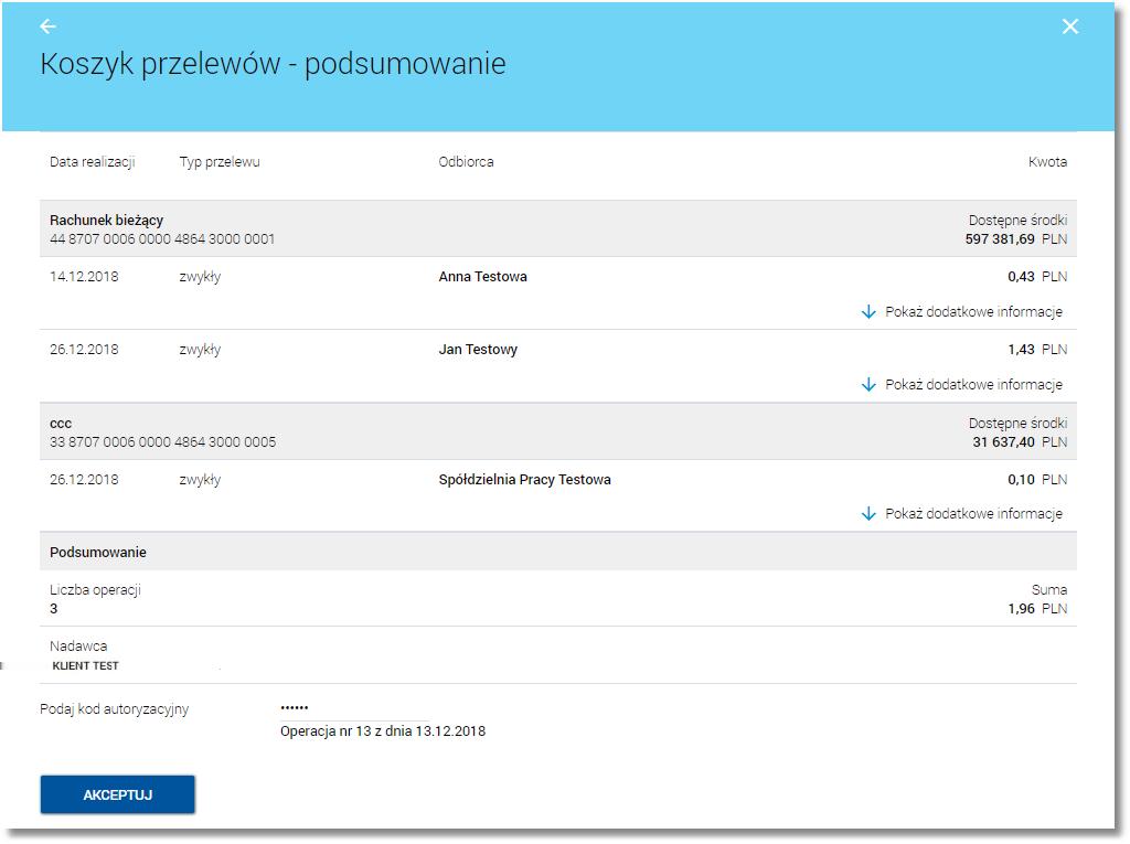 Zbiorcza akceptacja możliwa jest do realizacji dla różnych typów zleceń (w szczególności przelewów z różnych rachunków źródłowych oraz na różne rachunki docelowe, zleceń stałych), dla różnych walut i