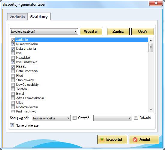 13 4.2. Eksport wniosków generator tabel W programie dostępny jest moduł do eksportu danych do formatu xls (Microsoft Excel). Aby go uruchomić należy wybrać przycisk [Eksportuj].