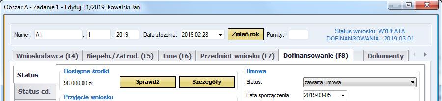 23 Sumę wypłaconych kwot można wstawić do pola Kwota wypłacona klikając przycisk [<<] obok pola. (W przypadku braku wypłat częściowych do pola Kwota wypłacona zostanie skopiowana kwota z umowy.