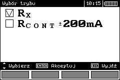 Przyciskami i zaznaczyć pozycję RX, zatwierdzić przyciskiem ENTER. Podłączyć miernik do badanego obiektu. L N Odczytać wynik. Uwagi: - Uwagi i komunikaty jak w punkcie 3.8.