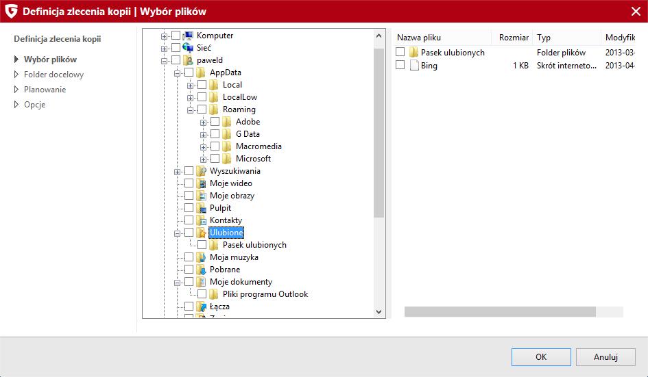 Backup 31 Klikając znak (+) możesz rozwijać foldery w drzewku. Zaznacz foldery/pliki, które mają być uwzględniane przy wyszukiwaniu zadanych powyżej formatów plików.