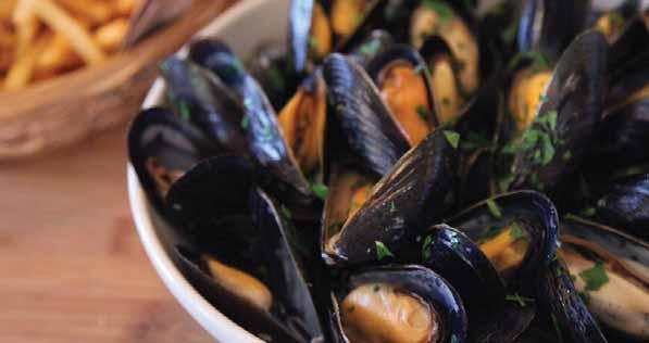 Preparation Time: 5 mins 5 lb fresh blue cultured mussels 2 tsp olive oil 2 clove garlic, minced ½ cup chicken or vegetable broth, or water Cooking Time: 10 mins salt and pepper fresh, flat-leafed