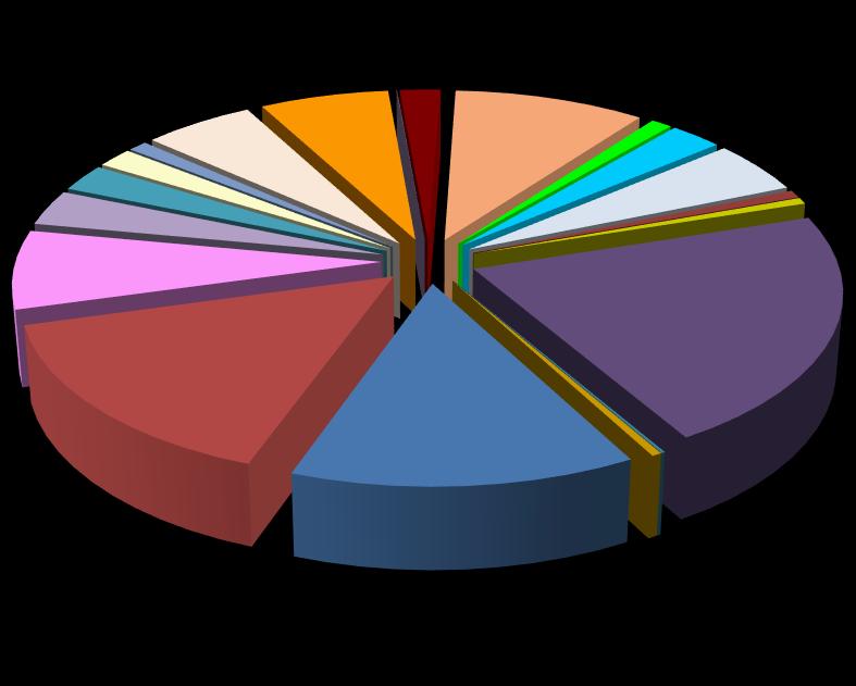 Wykres 5 - Procentowy udział zadłużenia poszczególnych branż w ogólnej kwocie należności objętych układami ratalnymi 3,29% 0,97% 5,56% 2,54% 1,82% 6,45% 0,02% 2,03% 9,56% 1,05% 2,65% 4,88% 0,71%