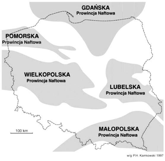 Skały zbiornikowe z różnych regionów Polski MAŁOPOLSKA PROWINCJA NAFTOWA (głównie miocen, utwory piaszczyste kredy dolnej oraz węglanowe utwory jury) LUBELSKA PROWINCJA NAFTOWA (głównie węglanowe