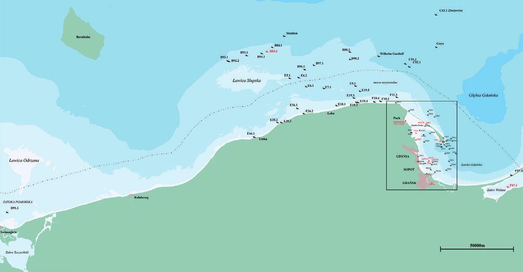 kurier konserwatorski 15 2018 5. Lokalizacja podwodnych stanowisk archeologicznych w polskich obszarach morskich (u góry) oraz na Zatoce Gdańskiej (na dole), stan z 2015 roku.