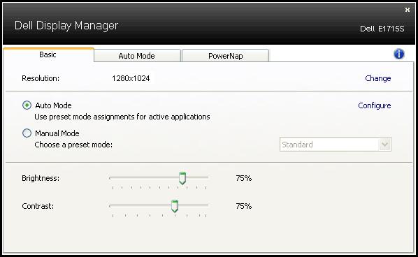 Okno dialogowe szybkich ustawień udostępnia także dostęp do zaawansowanego interfejsu użytkownika Dell Display Manager, używanego do regulacji podstawowych funkcji, konfiguracji trybu automatycznego