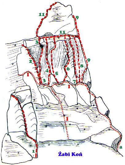 1. 2. 3. 4. 5. IV. Załupą, III+. Wąską rysą, VI, Wojciech Kurtyka (1973). Szeroką rysą, V+, ok. 1970. Piwo Dla Bezrobotnych, VI3+/4 (ogranicznik), TR - Tomasz Opozda (bez ogr. VI.2), RP Mirosław Wódka (1992).