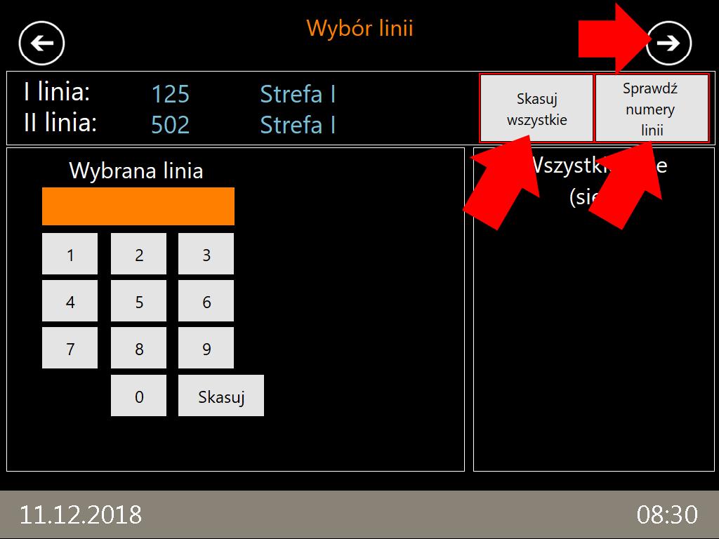 W każdej chwili można dokonać korekty wyboru dotykając ikonę Skasuj wszystkie lub podglądnąć listę linii dotykając ikony Sprawdź numer linii.