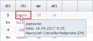 Zwróć uwagę, że w dzienniku oddziału w tabeli ocen domyślnie wyświetlają się wszystkie kolumny z ocenami (grupa kolumn wszystkie). Możesz zawęzić ten widok, wybierając inną grupę kolumn.