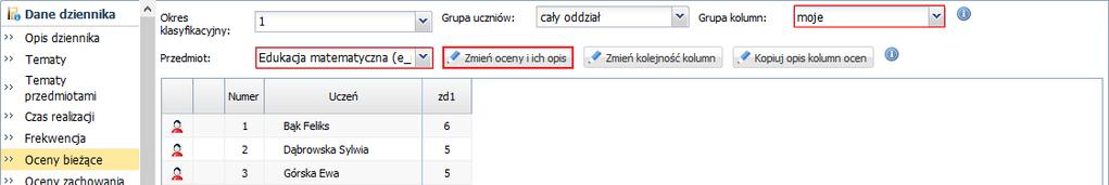 UONET+. Dokumentowanie lekcji i prowadzenie dzienników w klasach 1-3 szkoły podstawowej 27/43 8. Wprowadź do tabeli oceny z wybranego przedmiotu. W polu Przedmiot wybierz przedmiot.