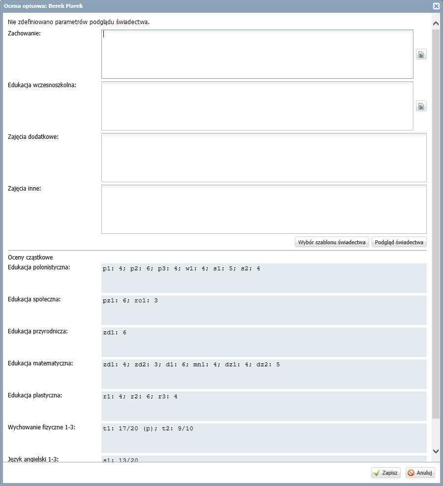 UONET+. Dokumentowanie lekcji i prowadzenie dzienników w klasach 1-3 szkoły podstawowej 32/43 W dolnej części okna wyświetlają się oceny cząstkowe ucznia z poszczególnych przedmiotów.