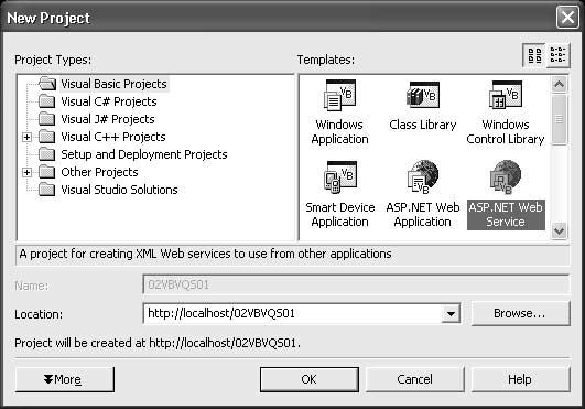 Tworzenie usług Web Service Rysunek 2.3. Aby utworzyć nowy projekt Web Service, wybierz opcję ASP.NET Web Service z panelu Templates Tworzenie usługi Web Service Przy użyciu języka Visual Basic.