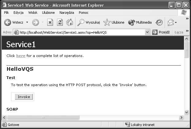 które tworzy strony testowe. Aby przetestować usługę Web Service i jej metody: 1. Uruchom projekt poprzez wybranie opcji Start z menu Debug lub kliknięcie strzałki Start.