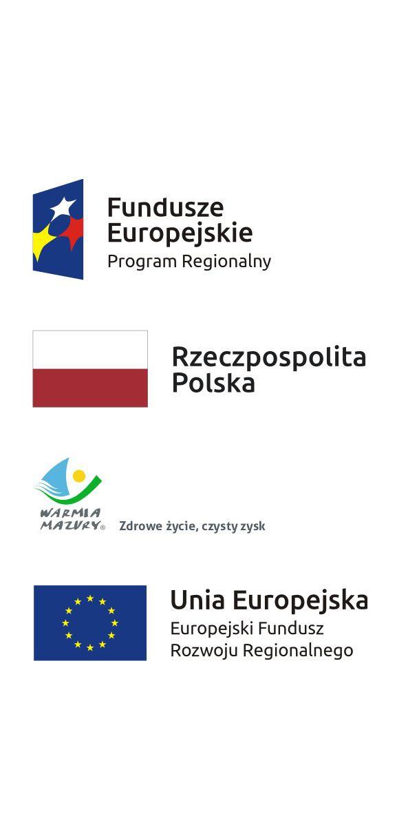 znakiem FE znajdują się barwy RP, znak Unii Europejskiej na dole. Logo wraz z hasłem promocyjnym województwa warmińsko-mazurskiego umieszczasz pomiędzy barwami RP a znakiem UE.