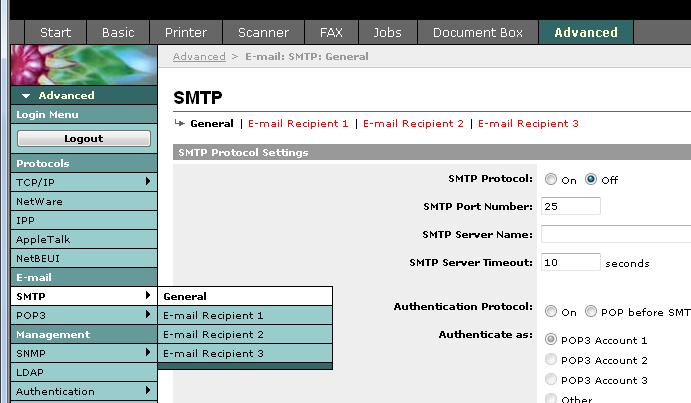 Przygotowanie przed rozpoczęciem użytkowania > Embedded Web Server (ustawienia poczty e-mail) Wysyłanie wiadomości e-mail Określenie ustawień SMTP umożliwia wysyłanie obrazów załadowanych na to