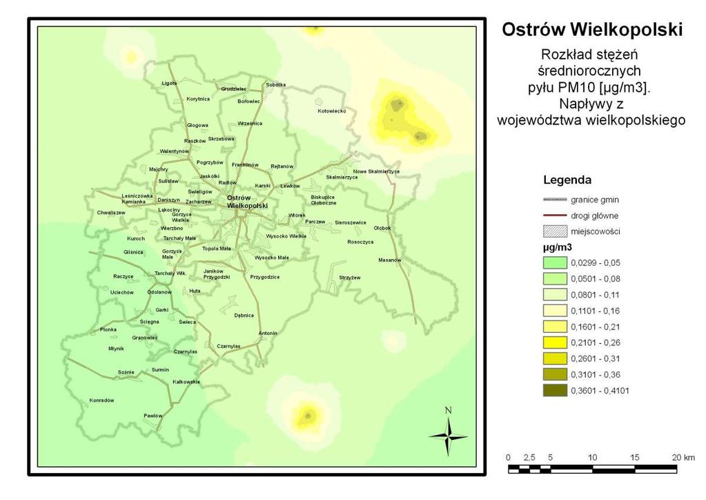 Mapa 7.2.14. Rozkład stężeń średniorocznych pyłu zaw.