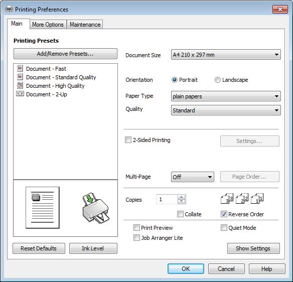 Drukowanie B Uzyskaj dostęp do ustawień drukarki. & Uzyskiwanie dostępu do sterownika drukarki w systemie Windows na stronie 27 C D E F Kliknij kartę Main (Główne).