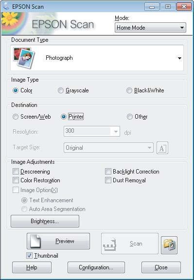 Skanowanie C Wybierz ustawienie Home Mode (Tryb domowy) z listy Mode (Tryb). D E F G H Wybierz ustawienie opcji Document Type (Typ dokumentu). Wybierz ustawienie opcji Image Type (Typ obrazu).