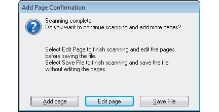 Jeżeli pole wyboru Show Add Page dialog after scanning (Po zakończeniu skanowania wyświetl okno dodawania strony) nie zostało zaznaczone, Epson Scan automatycznie zapisuje dokument bez wyświetlania
