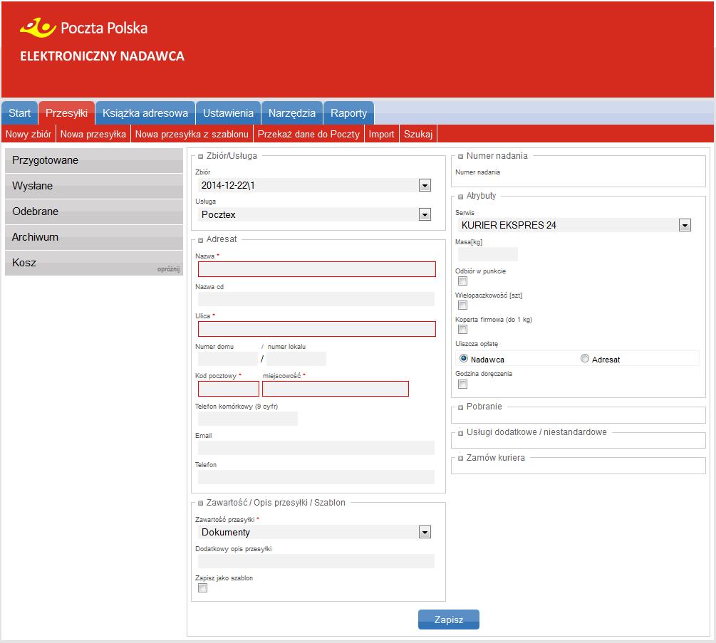 Przesyłki tworzenie oraz wysyłka Aplikacja umożliwia tworzenie oraz przesyłanie w formie elektronicznej książek nadawczych oraz danych do Urzędów Pocztowych.