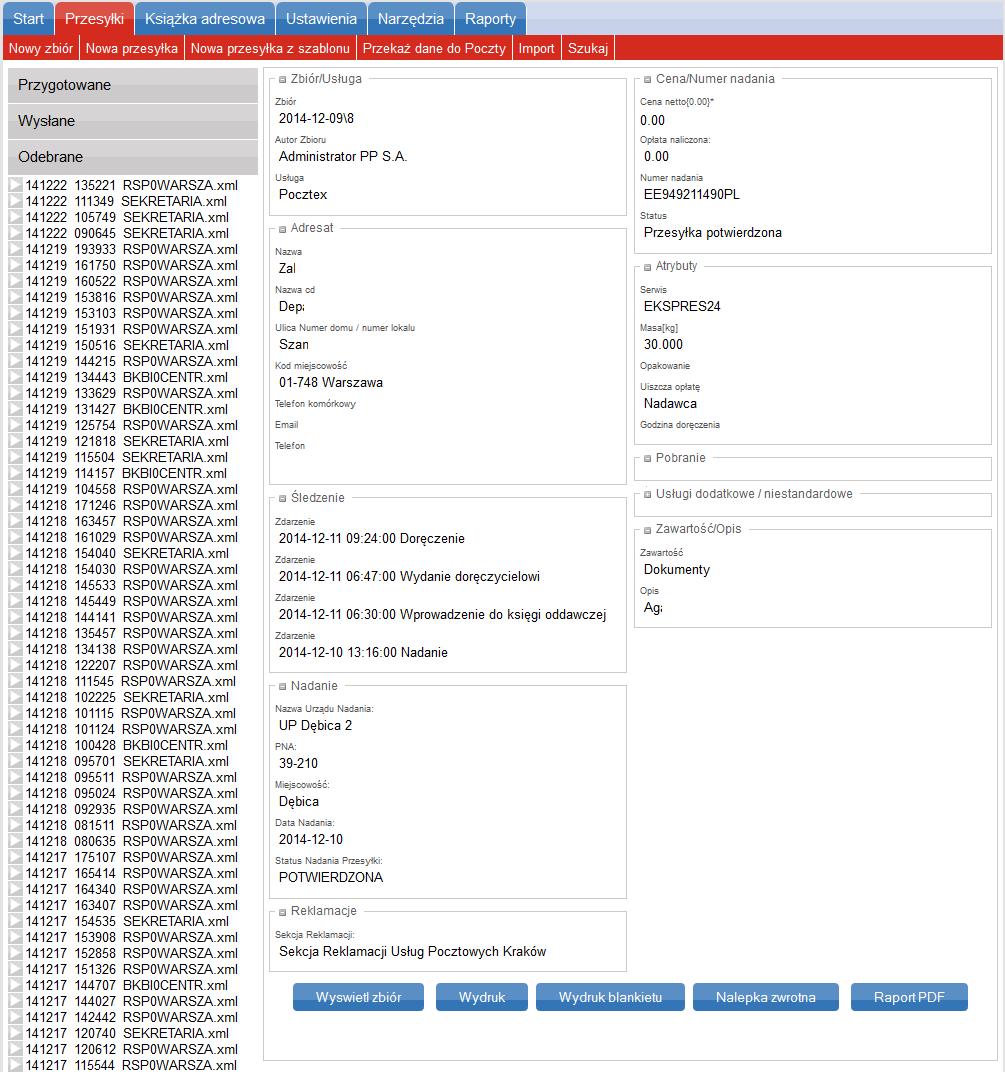 Przegląd nadanych przesyłek Po przyjęciu przesyłki otrzymuje ona status POTWIERDZONA, wprowadzany jest nr nadawczy oraz możliwość wydruku potwierdzenia w formie PDF.