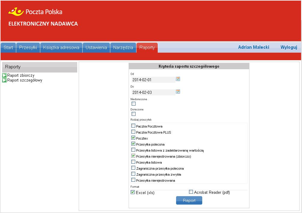 Raporty Aplikacja daje możliwość raportowania nadanych przesyłek wg: -dat -rodzajów -struktury organizacyjnej -statusu przesyłki -urzędu nadania