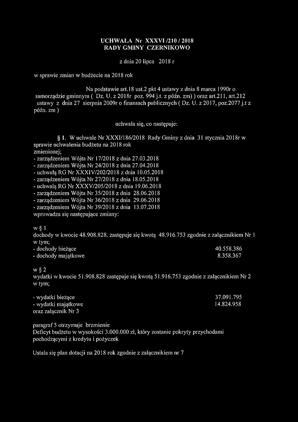 W uchwale Nr XXXI/186/2018 Rady Gminy z dnia 31 stycznia 2018r w sprawie uchwalenia budżetu na 2018 rok zmienionej; - zarządzeniem Wójta Nr 17/2018 z dnia 27.03.