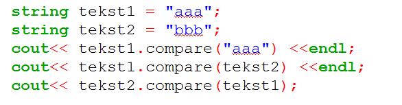 String Porównywanie łańcuchów Łańcuchy można porównywać
