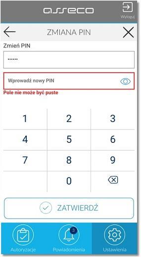 Pole Wprowadź nowy PIN nie